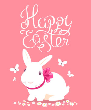 Vector colorful illustration of Happy Easter greetings with whit