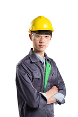 young handsome asian technician on white background