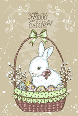 Old card with Easter rabbit in basket with willow