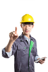 young handsome asian technician on white background