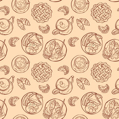 Hot drinks: coffee and tea. Breakfast: pastry (pie, croissant, brioche), eggs (scrambled eggs with bacon, eggs and sausages). Vector seamless pattern (background).