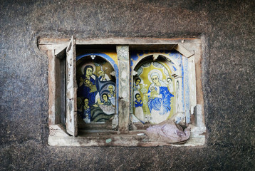 ancient orthodox church interior painted walls in gondar ethiopi