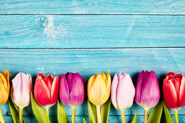 Colorful tulips aligned on a rustic wooden surface - obrazy, fototapety, plakaty