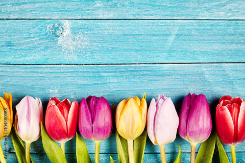 Colorful tulips aligned on a rustic wooden surface