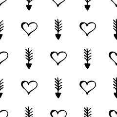 Seamless vector pattern. Simple black and white background with hand drawn hearts and arrows.