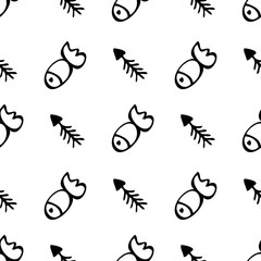 Seamless vector pattern. Simple black and white background with hand drawn fishes.