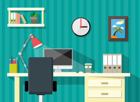 modern home or business workspace. desk, papers, clock, desktop pc, coffee cup, lamp, pen, picture frame with palm and sun, vector illustration in flat design