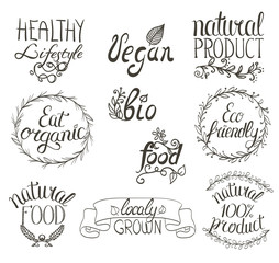 Organic, vegan, eco, bio natural food hand written sign 