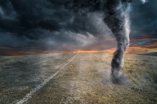 Black tornado funnel over field during thunderstorm. Apocalypse scenario.