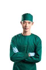 isolated asian young man doctor in green on white background