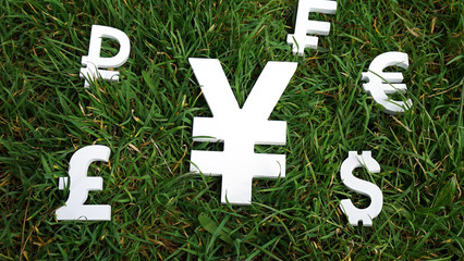 Yen exchange currency on a grass background