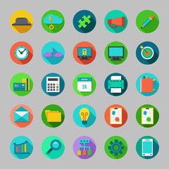 Round vector flat icons set with concepts of business, office wo