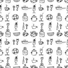 Seamless vector pattern. Black and white hand sketch drawn background with kitchenware. Series of Hand Drawn Seamless Patterns.