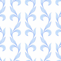 Pattern with blue leaves 4 in vector. Watercolor seamless background