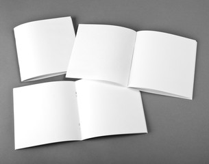 Blank opened magazine isolated on grey background with soft shadow