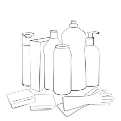 Cleaning set. Hand drawn collection of products for housekeeping. Sketch of elements for cleaning isolated on white background.  Black and white outline