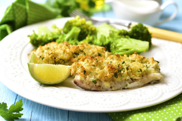 Cod baked with garlic bread crumbs.