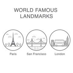 World famous landmarks icons set with eiffel tower, big ben and golden gate bridge vector illustrations.