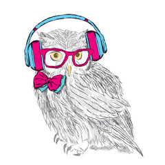 Cute owl in a vector. Owl with headphones.