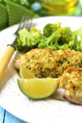 Cod baked with garlic bread crumbs.