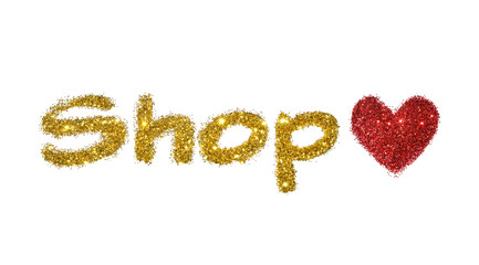 Word Shop of golden glitter and heart of red glitter on white background 