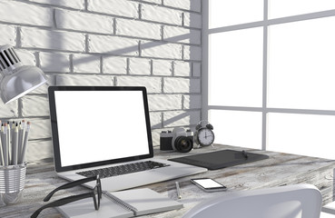 Fototapeta premium 3D illustration laptop and work stuff on table near brick wall, Workspace