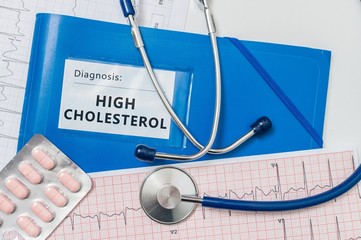 Blue folder with High LDL Cholesterol diagnosis.