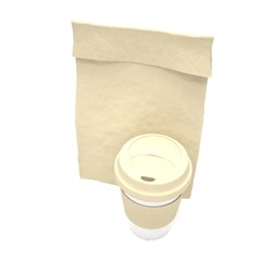 Coffee to go and lunch bag, on white.