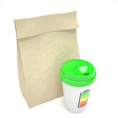 Coffee to go and lunch bag, on white.