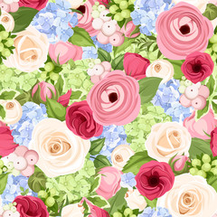 Vector seamless background with pink, blue, red and white roses, lisianthuses, ranunculus and hydrangea flowers and green leaves.