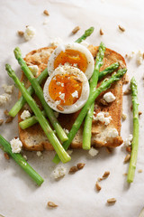 breakfast toast top with asparagus and soft boiled egg