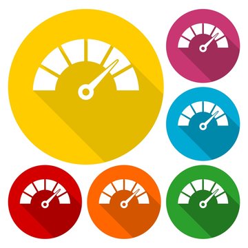 Speedometer or gauge icons set with long shadow