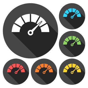 Speedometer or gauge icons set with long shadow