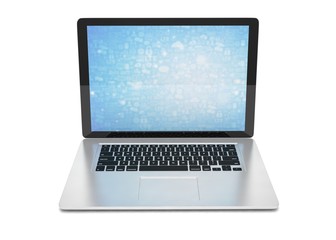 3d rendering of a laptop with blue wallpaper with app icon