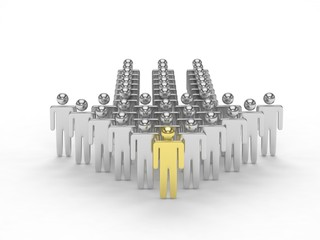 Many 3d people figure in arrow shape with the leader in front