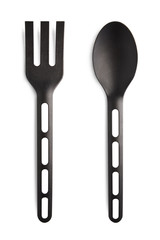 Black plastic fork spoon ladle.