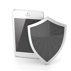 Smartphone and shield on white, security concept