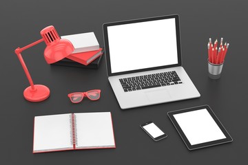 Responsive mockup screens. Laptop, tablet, phone on table 