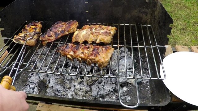 Grilled ribs roasted on a grill.