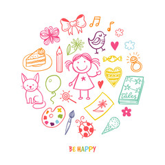 Doodle greeting card with happy girl and her toys and tools