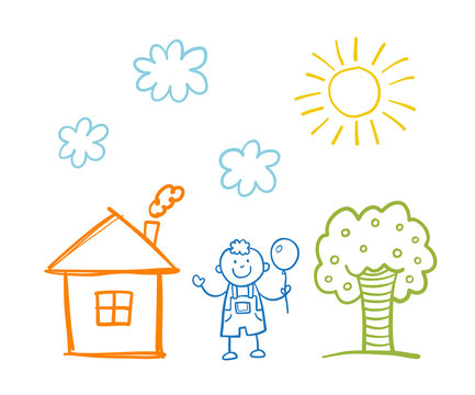 Doodle children`s drawing with happy boy, house, tree, clouds and sun