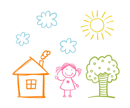 Doodle children`s drawing with happy girl, house, tree, clouds and sun