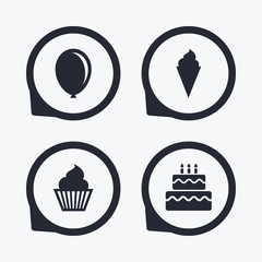 Birthday party icons. Cake with ice cream symbol