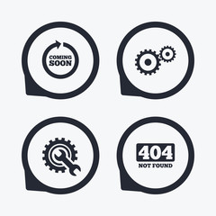 Coming soon icon. Repair service tool and gear.