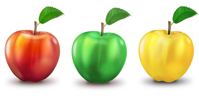 3 &Auml;pfel rot, gr&uuml;n, gelb, freigestellt