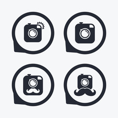 Hipster photo camera with mustache icons.