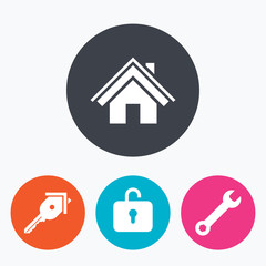Home key icon. Wrench service tool symbol.