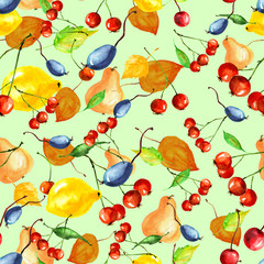 pattern citrus, 
plum, berries, autumn leaves watercolor 