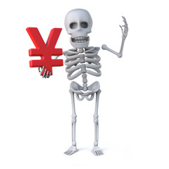 3d Skeleton holding a Yen currency symbol