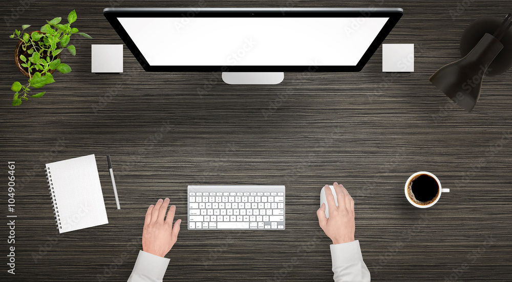 Fototapete modern desk with isolated computer display top view. designer works with a mouse and keyboard. coffe